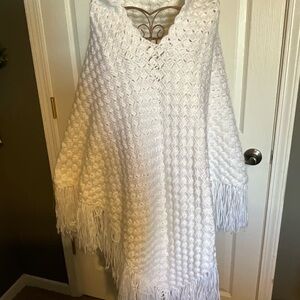 Hand crocheted Elegant White Poncho with Fringe